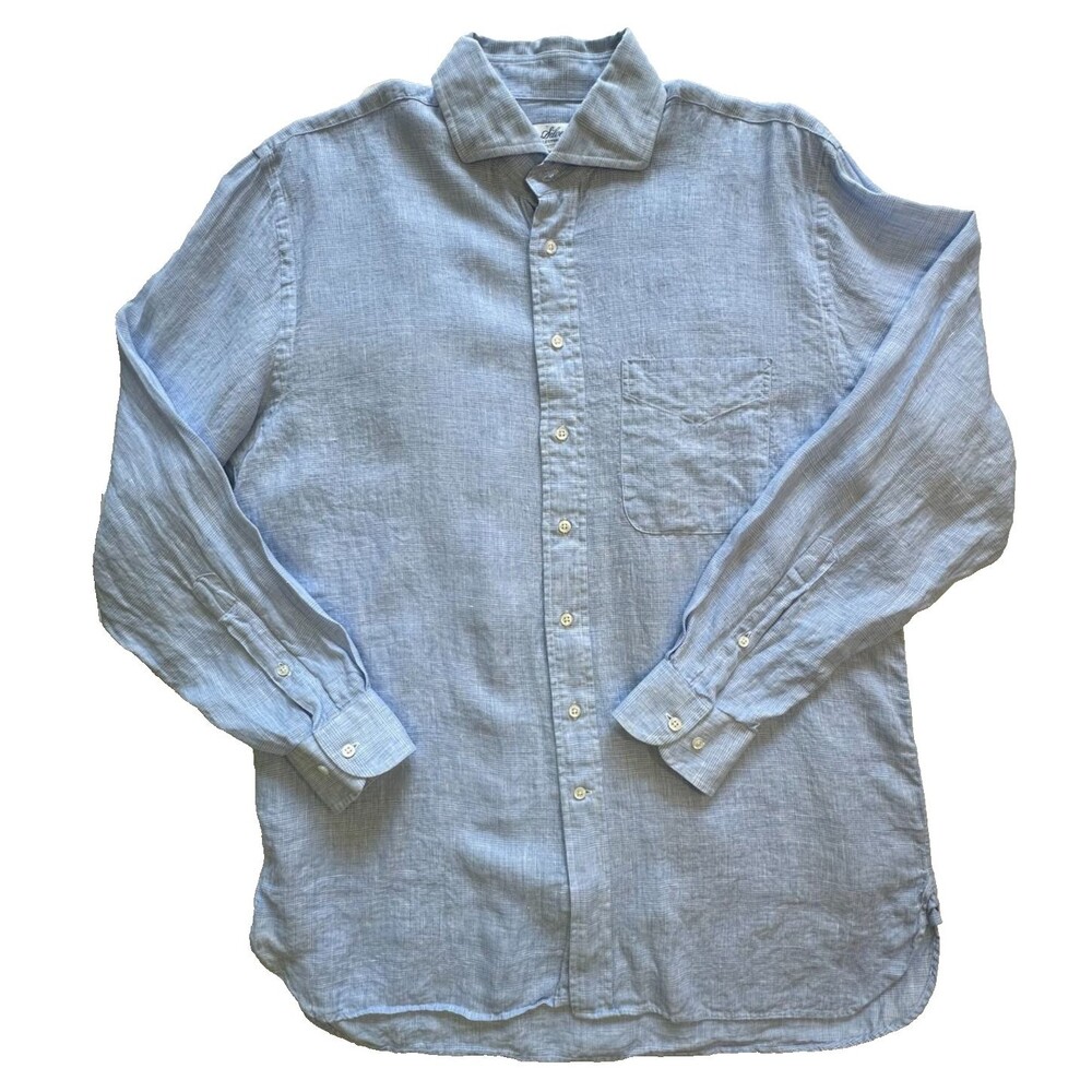Ben Silver Charleston Shirt 100% Linen Long Sleeve Button Down Blue Plaid 16-33